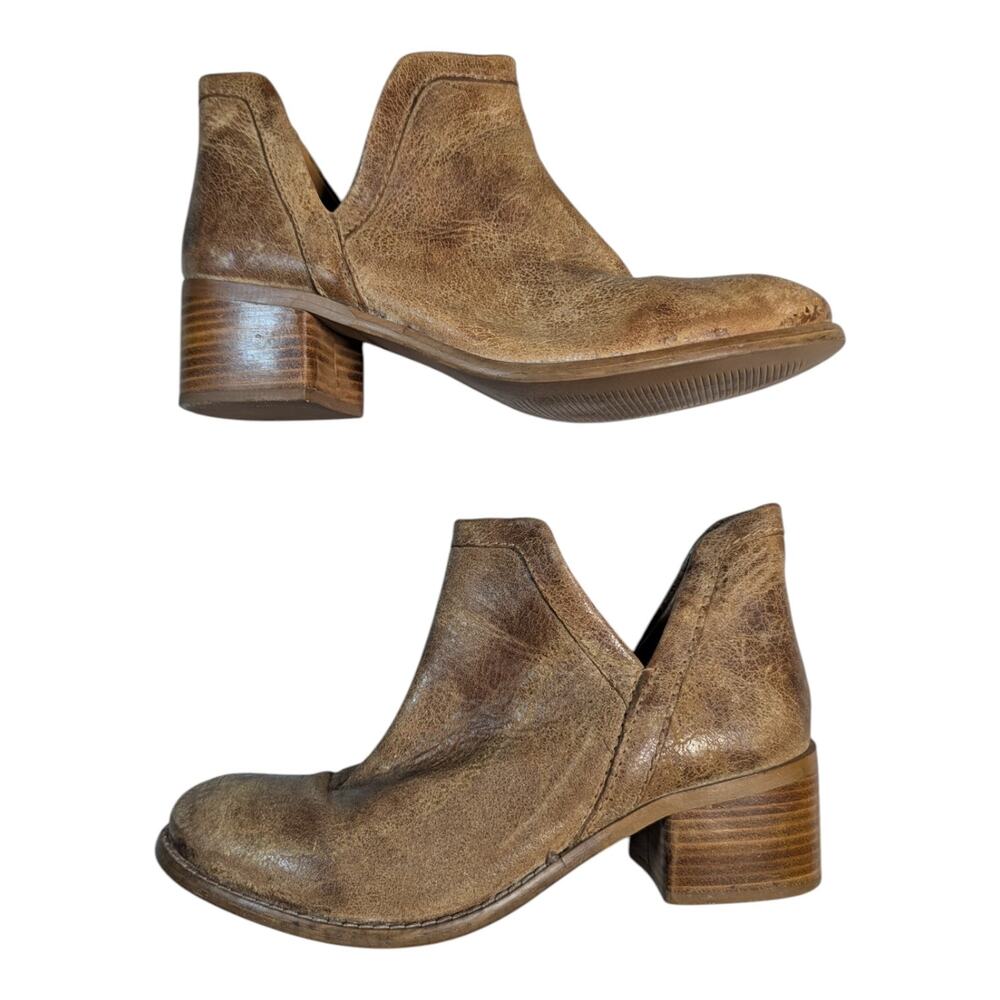 Diba True Work Nerd Tan Distressed Leather Block Heel Cutout Ankle Boots Sz 8